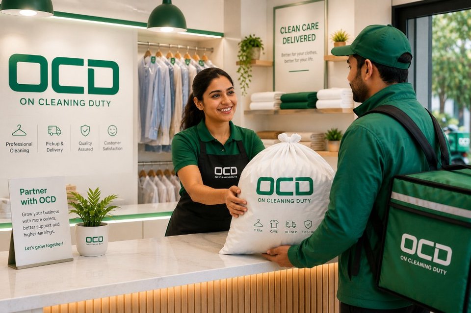 OCD store partner handing a branded laundry bag to a delivery executive inside a modern laundry store