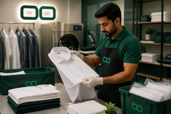 OCD staff member inspecting and folding a crisp white shirt during quality assurance in a professional laundry facility