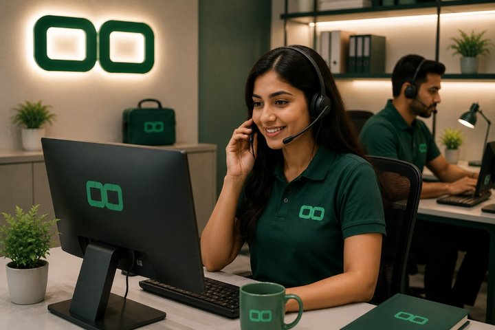 OCD customer support specialist with headset assisting customers from a professional support center