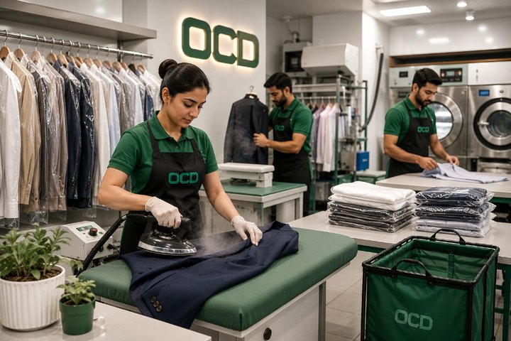 OCD staff steaming, ironing, and folding garments in a professional dry cleaning facility