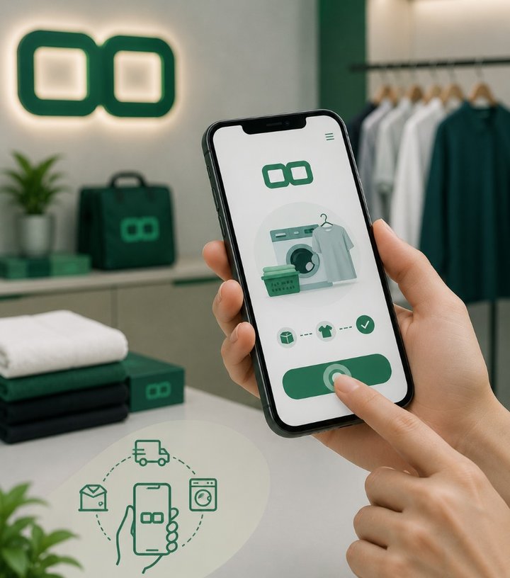 Customer using the OCD mobile app to book laundry services with a simple tap on smartphone