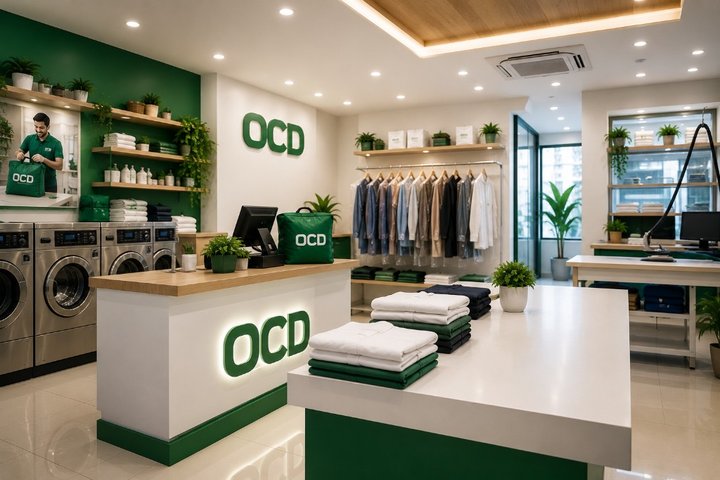 Modern OCD branded laundry store interior with POS counter, washing machines, and folded garments