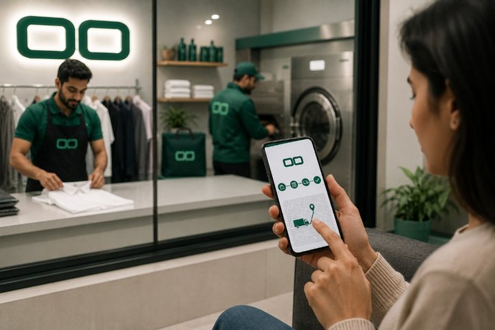 Customer viewing real-time OCD order tracking on a smartphone with laundry store visible in the background