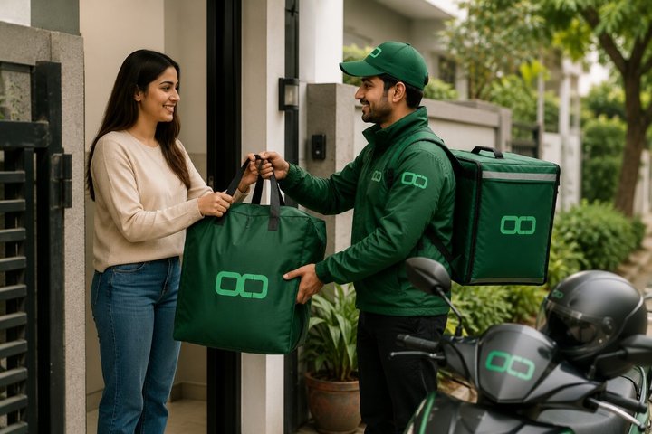 OCD delivery executive handing a branded laundry bag to a customer at their doorstep