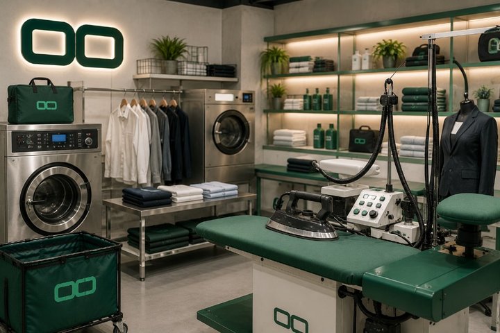 OCD branded laundry facility with industrial washing machines, steam ironing station, and professional equipment