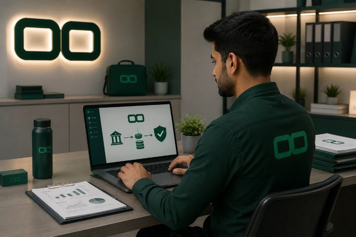 OCD team member reviewing secure payment processing on a laptop with encrypted transaction workflow