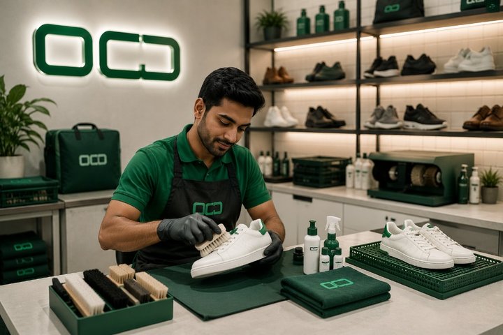 OCD specialist cleaning white sneakers with professional brushes and supplies in a branded shoe care workshop