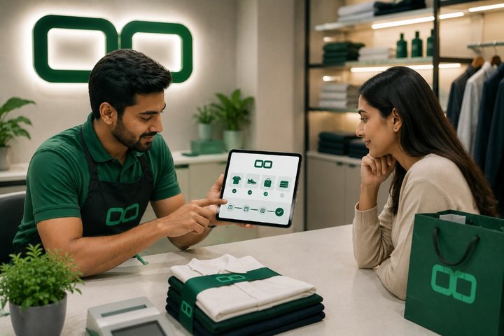 OCD store staff showing transparent pricing and order details to a customer on a tablet at the counter